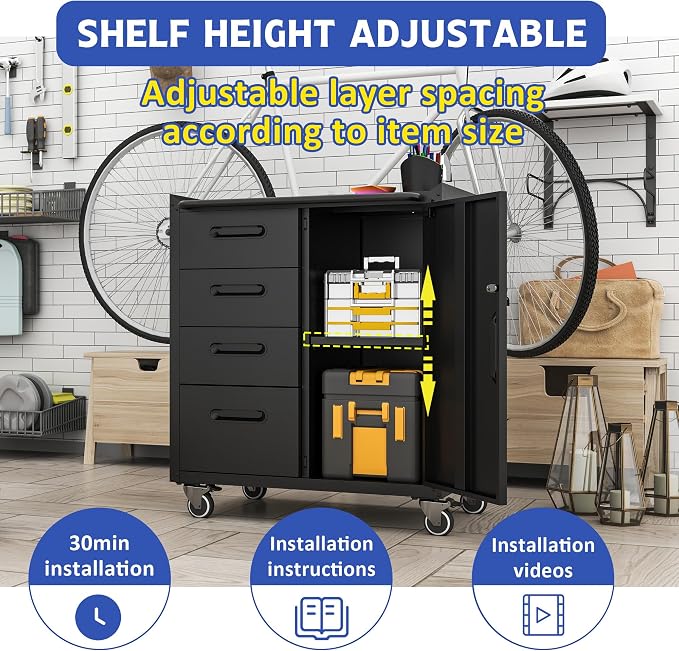 Mobile Tool Storage Cabinet with 4 Drawer and 1 Locking Doors | Heavy Duty Rolling Tool Cabinets for Garage,Metal Storage Cabinets Tool Cart on Wheels with Wheels,Assembly Required