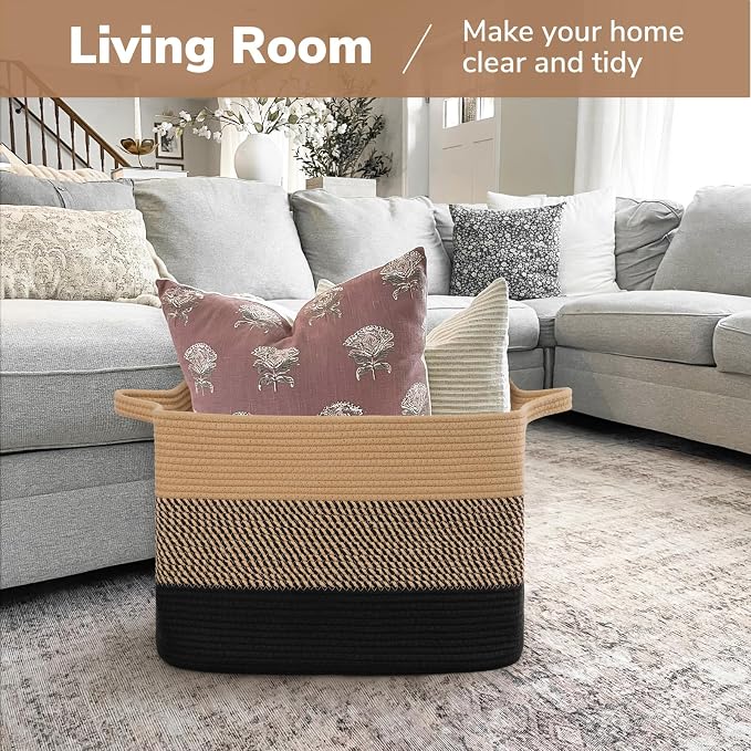 Goodpick 50L Large Woven Storage Basket, 18" x 14" x 12", Black & Jute | Stylish Gift Basket for Home Decor, Cotton Rope Baskets for Blankets & Toys Storage, Living Room & Bedroom Organization