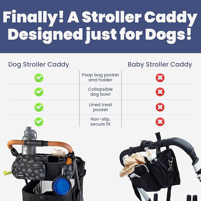Dog Stroller Caddy Organizer with 2 Insulated Cup Holders & Treat Pocket | Poop Bag Dispenser, Treat Pocket, Collapsible Water Bowl, Zip-Off Wallet, Non-Slip Fit for 14-19" Handlebars, Paw Print