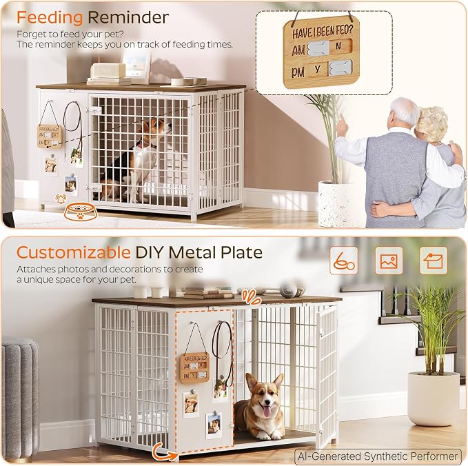 YATINEY Foldable Dog Crate Furniture, Dog Crate with DIY Frame, Heavy Duty Dog Kennel Indoor with Hooks, Wooden Dog Cage End Table, for Small/Medium Dogs, White and Walnut DC95WH