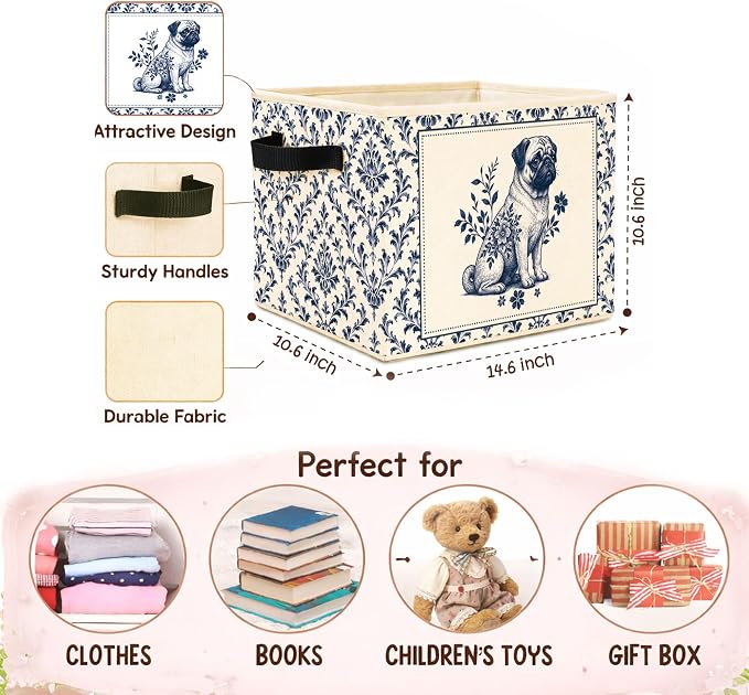 Blue Floral Pug Storage Bin, Foldable Fabric Organizer | Vintage blue floral pug storage bin for toys, books, clothes, pet supplies, bedrooms, nurseries, shelves, and closets.