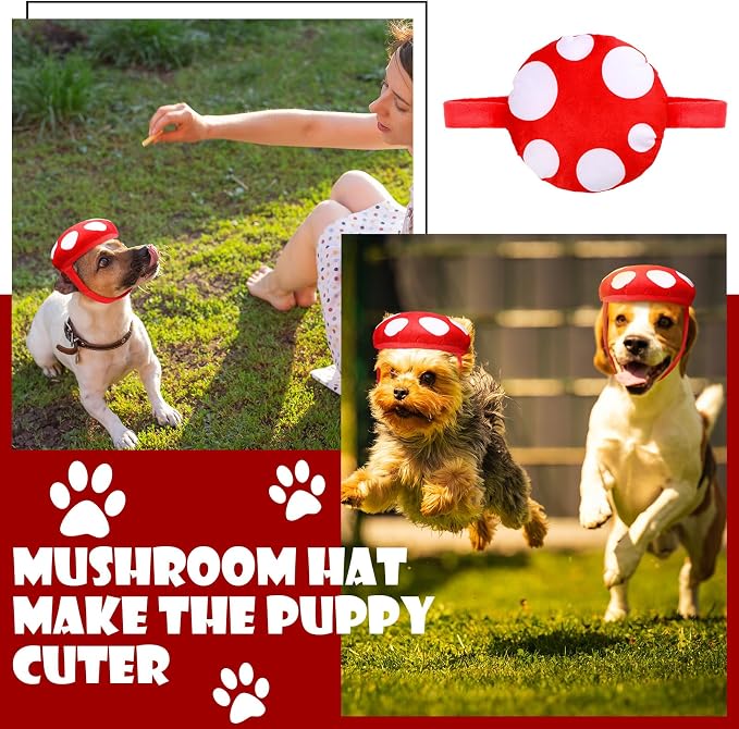 Huhumy Dog Mushroom Hat, Red White Dot Pet Costume for Halloween Christmas | Adjustable Chin Strap Fit, Cottagecore Party Accessory, Fits Cats and Small Dogs, Festive Holiday Cosplay Dress up Prop