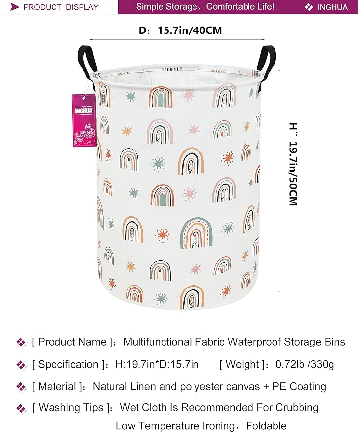 Rainbow Fabric Storage Bin Nursery Organizer Basket | Organizer Bin Dirty Clothes Collapsible Waterproof for College Dorms, Boys and Girls Bedroom,Bathroom