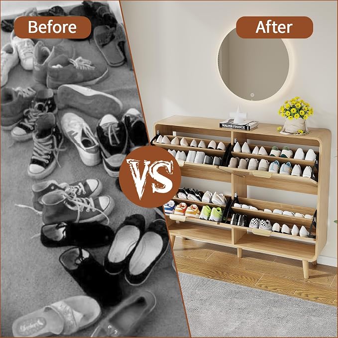 Shoe Storage Cabinet with 4 Flip Drawers for Entryway, 47.4" Freestanding Hidden Shoe Rack Cabinet, Narrow Shoe Organizer for Hallway, Foyer, Oak