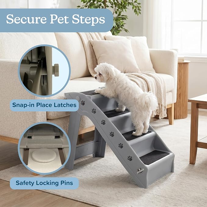 PETMAKER Lightweight Durable Plastic Dog Stairs, Gray, 23.25” x 15” x 19” | Foldable Pet Stairs with 4-Step Design for Bed, Couch, Car, Pet Steps with Non-Slip Carpeted Pads for Small Dogs and Cats