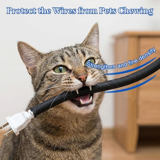 Cord Protectors from Pets No Chew 16ft - 5/16 Inch Wire Protector for Cats Cable Management Cable Sleeve Cable Organizer Cord Cover for Computer Electric Wires Phone Charging Cables Black