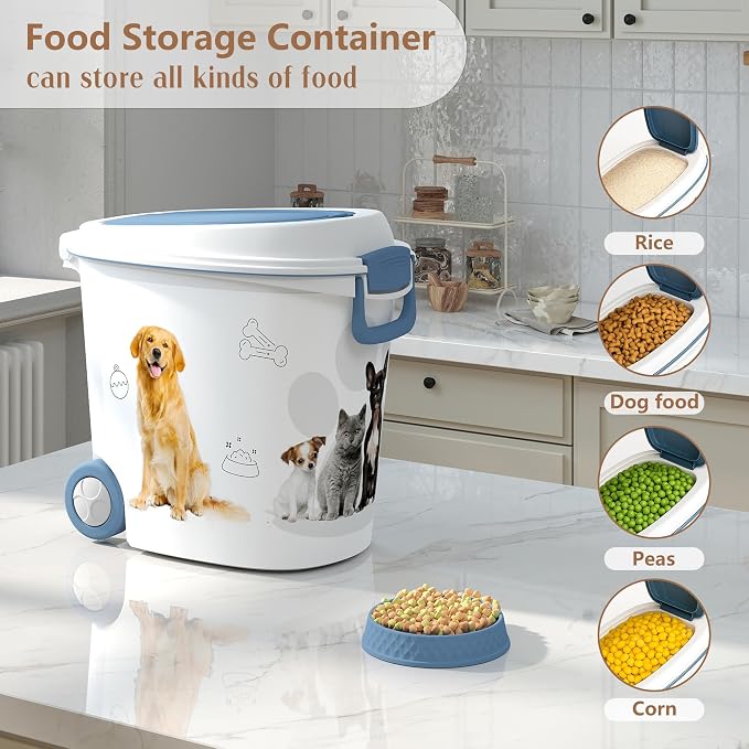 Pet Food Storage Container with Wheels Resin 40LB Capacity Dog Food Container with Slow Feeder Bowl and Scoop Easy to Move to Keep Food Fresh for Dogs, Cats, Birds