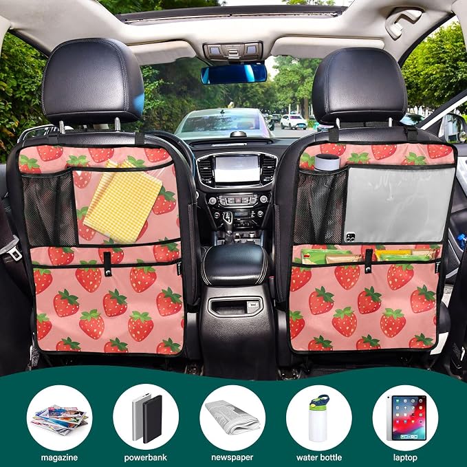 JIPONI Car Backseat Organizer, Strawberrys Pink Automotive Back Seat Protector, Kick Mats with Storage Pockets for Kids Pets, Road Trip Accessories (2 Pack)