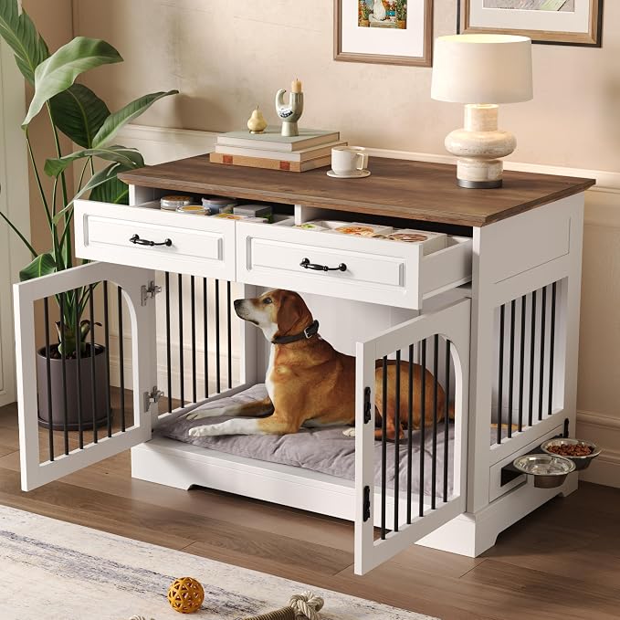 Merax 43.3" Farmhouse Dog Crate Furniture with Rotating Bowls & Drawers – Wooden Indoor Pet Kennel Side Table with Metal Bars – Stylish Dog House for Medium to Large Breeds, White & Brown