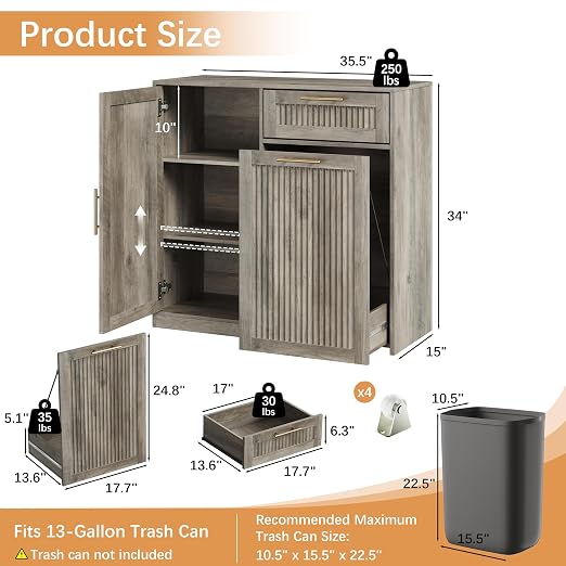 13 Gallons Pull Out Trash Can Cabinet with Storage, Fluted Pet Proof Trash | Kitchen Trash Cabinet with Adjustable Shelf & Drawer, Hidden Garbage Can Cabinet for for Laundry, Living Room