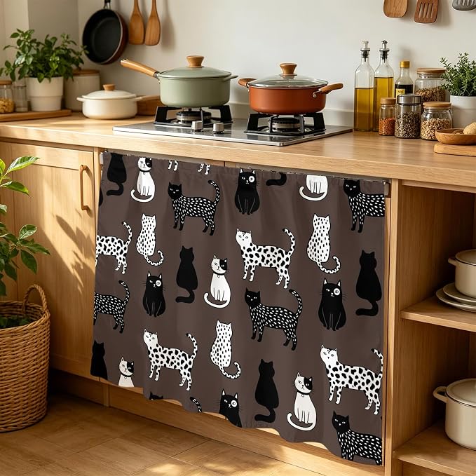 Cat Animal Cabinet Curtain 35"Wx35"L, Dustproof Under Sink Skirt with Self Adhesive Tape, Black White Earthy Tone Vintage Pet Cabinet Curtain Cover for Kitchen Sink, Bathroom Vanity, Laundry Room
