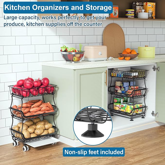 OKZEST 3-Tier Rolling Pantry Floor Organizers and Storage Cart with Wheels | Fits under pantry shelf, Stackable kitchen pantry baskets with dirt catch tray, Holds drink, snack, can, potato, onion, fruit