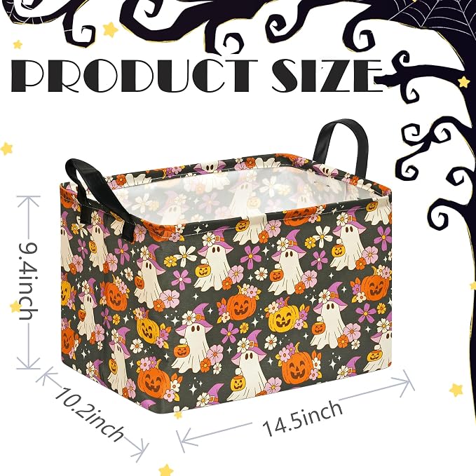 Halloween Pumpkin Ghost Storage Basket, Foldable Toy Organizer Bin | Halloween Pumpkin & Ghost Design with Cotton Linen Fabric, Waterproof Lining, Leather Handles and Foldable Storage Style