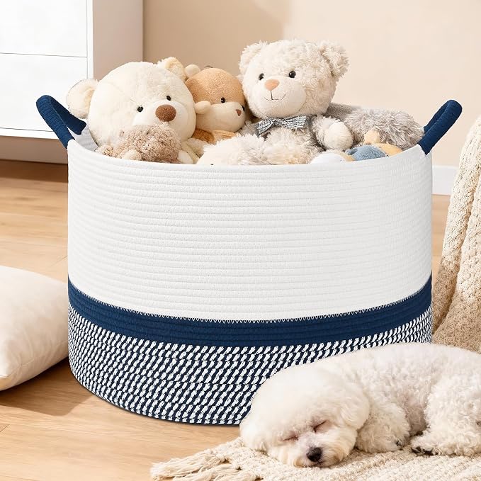 67L Large Blanket Basket, 20"x13" Blanket Basket Living Room, Woven Baskets With Handle, Toy Baskets for Blankets, Nursery, Dog, Pillow, Gift (White & Navy Blue)