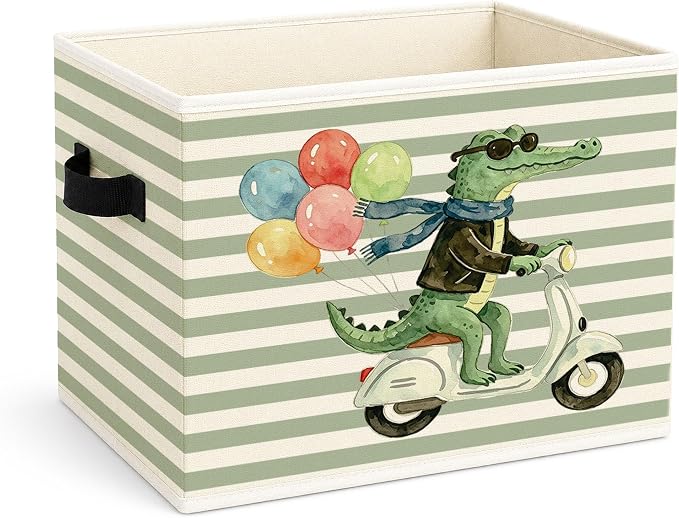 Alligator Scooter Storage Bin, Green Stripe Foldable Fabric Basket | Cute crocodile scooter collapsible fabric organizer for nursery, bedroom, playroom, toys, books, and clothes