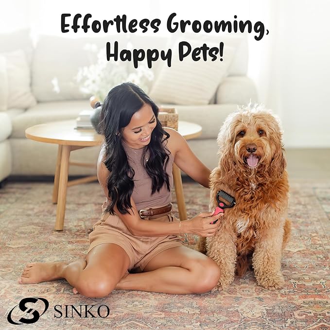 Sinko Shedding Brush For Dog and Cat, Grooming Brush with Extra Wide Double-Sided Stainless Teeth for Detangling, Deshedding, Brushing & Removing Shed Fur, Knots, Mats, and Tangles in Pets (Pink)