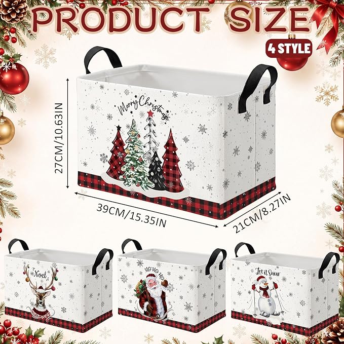 4 Pcs Christmas Storage Basket for Gifts Empty Large Christmas Themed Storage Bins with Handles 15 x 10 x 8 Fabric Laundry Baskets Xmas Collapsible Organizer Boxes for Home Cloth Toys Books