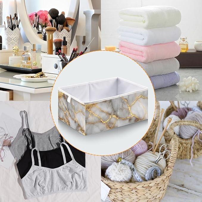Gold Marble Pattern Cube Storage Bins Collapsible Fabric Storage Baskets Large Clothes Organizer Box for Bedroom Living Room Study Room 11×11×11 In