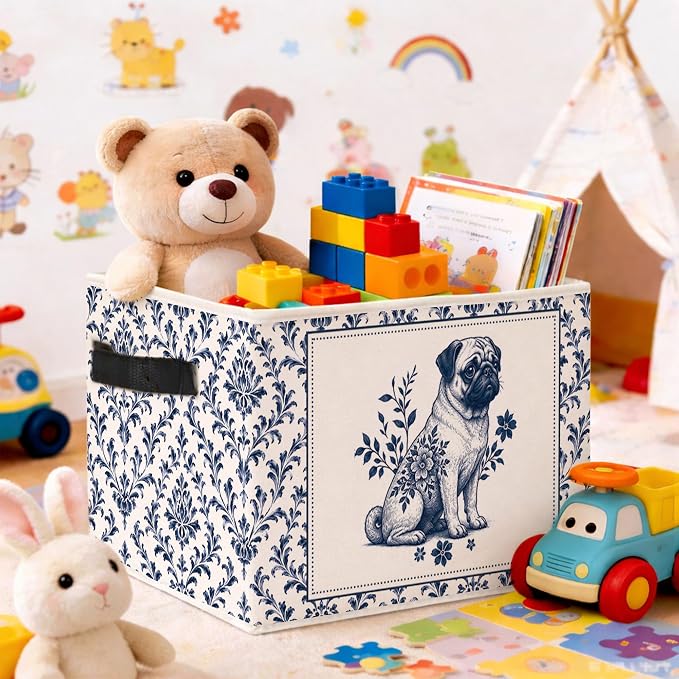 Blue Floral Pug Storage Bin, Foldable Fabric Organizer | Vintage blue floral pug storage bin for toys, books, clothes, pet supplies, bedrooms, nurseries, shelves, and closets.