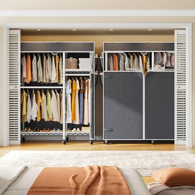 Raybee Clothes Rack with Cover, Rolling Portable Closet, 4 Hanging Zone | Heavy Duty, Tool-free Assembly, Adjustable Shelves, Lockable Wheels, Freestanding, Covered, Saving Space for Bedroom,Dorm