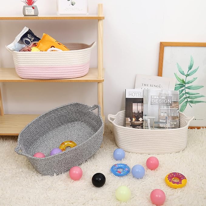 ABenkle Small Storage Basket with Handles, Cotton Rope Woven Dog Cat Toy Bin, Decorative Shelves Closet Organizing for Nursery Laundry Bedroom Bathroom, 14.2''x 11''x 5.1''