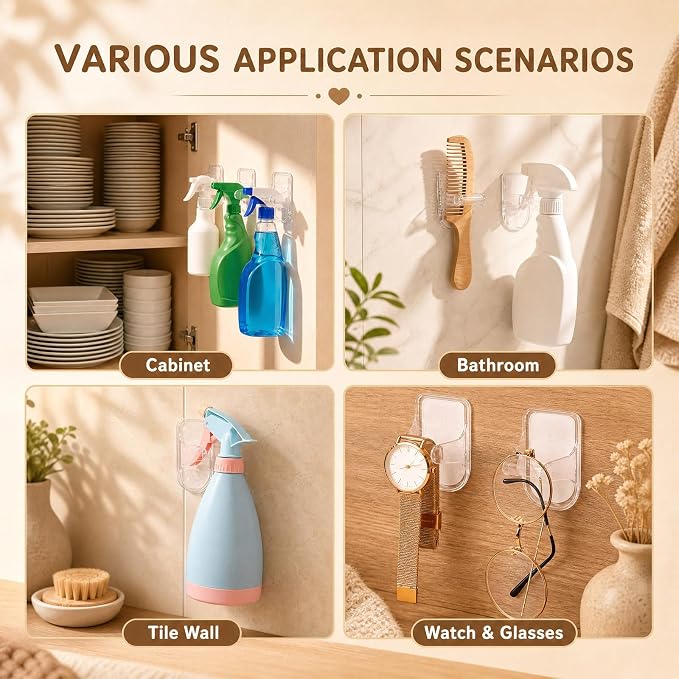 4 Pcs Wall Mount Spray Bottle Hooks Holder Spray Bottle Hanger Adhesive Hook to Create Storage Space Rack Organizer Hanger for Cabinet Kitchen Variety Surfaces (Clear)