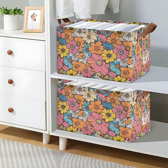 Retro Groovy Daisy Flower Storage Bins for Shelves with Labels&Handles Fabric Organizer Bin Vintage Floral Foldable Rectangle Storage Basket Orange Hippie Boxes for Closet, Home, Living Room, Laundry