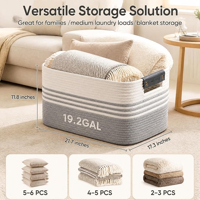 Cotton Rope Laundry Basket Large, 19.2GAL Collapsible Woven Storage Baskets for Living Room Kids Toys Stuffed Animal,Boho Rectangular Decorative Short Hamper for Dirty Clothes, Blankets White Grey