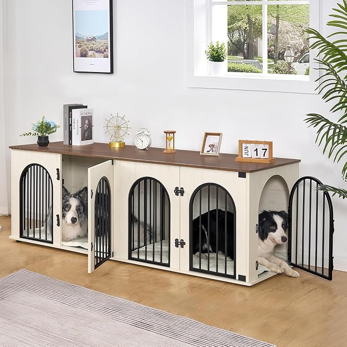 Hzuaneri 70.9" Double Dog Crate Furniture, Dog Kennel Indoor with Cushion | Heavy Duty Dog Crate Furniture for 2 Dogs,Dog Cage End Table TV Stand with Divider for Med-Large Dogs,White Brown DFC81914B