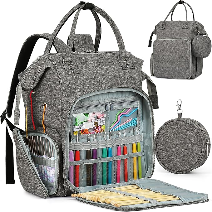 Coopay Huge Crochet Bag, Travel Knitting Bag Yarn Storage Knitting Tote Bag | 7.48''x 11.41''x 14.57''Large Capacity Yarn Storage Organizer for Unfinished Project, Yarn, Knitting & Crochet Supplies, Gray