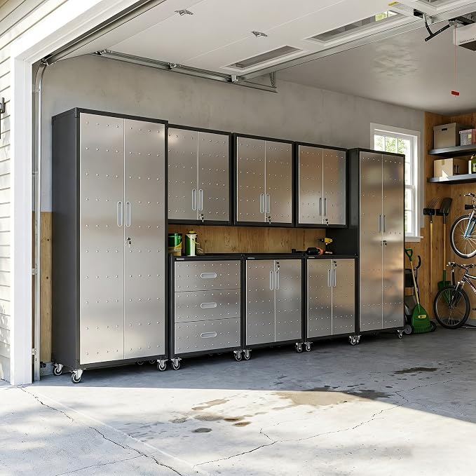 Garage Cabinet System | Heavy Duty Steel All-in-One Modular Garage Cabinet Set for Ultimate Workshop Organization | Easy Assembly Garage Storage Cabinets & Tool Bench
