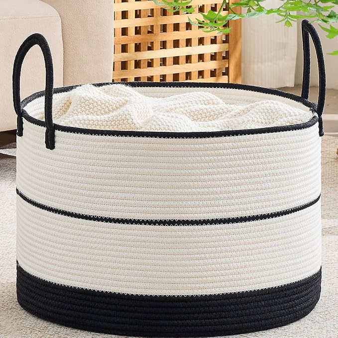 KAKAMAY Large Blanket Basket with Handles, Storage Basket for Living Room | Extra Large Capacity | Natural Cotton Rope | Blanket Storage | Woven Storage Basket | Stuffed Animal Storage | Laundry Basket