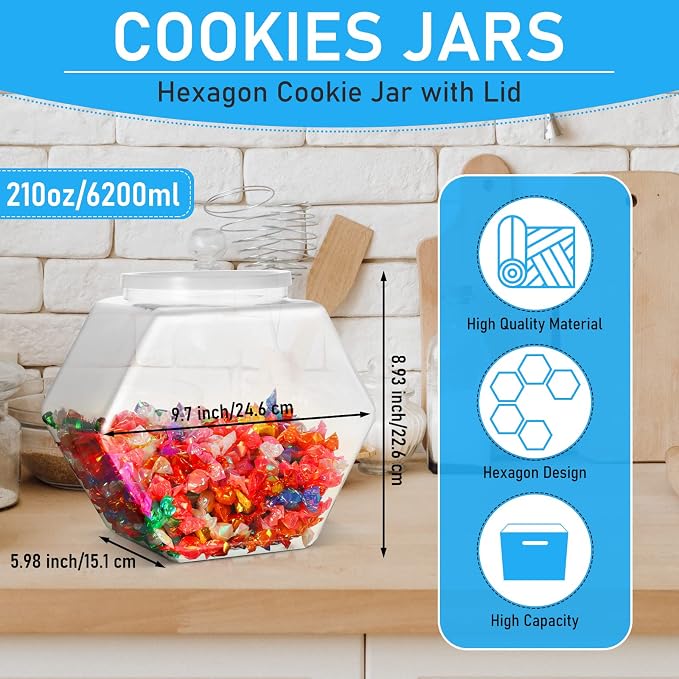 EBOOT 4 Pieces 1.6 Gallon/ 210 Oz Plastic Candy Cookie Jars Large for Kitchen Counter Hexagon Cookie Jar Bulk with Lid Clear Candy Container Laundry Pod Storage Container Dry Food for Dog Treats Craft