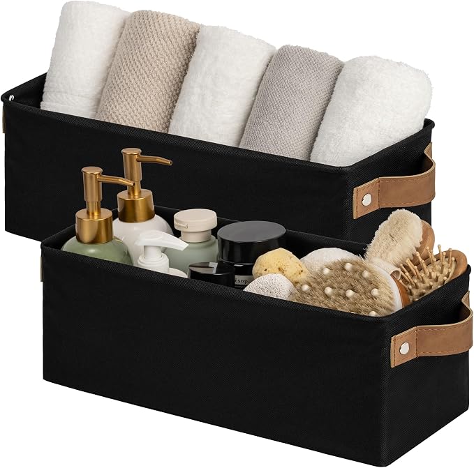 StorageWorks Narrow Storage Bins, Toilet Paper Storage, Black, 2-Pack | With Metal Frame, Reinforced PU Handles, Sturdy Structure, For Bathroom, Closet, Shelf, Storage Makeup, Socks, Underwear