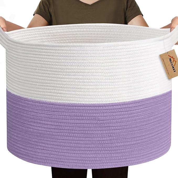 MEGASKET 115L Oversized Purple Basket, 23.6“x15.7 Woven Cotton Rope Baskets for Storage, Blanket Storage for Living Room, Jumbo Woven Laundry Hamper, Towel Bin Box, Purple Living Room Decor