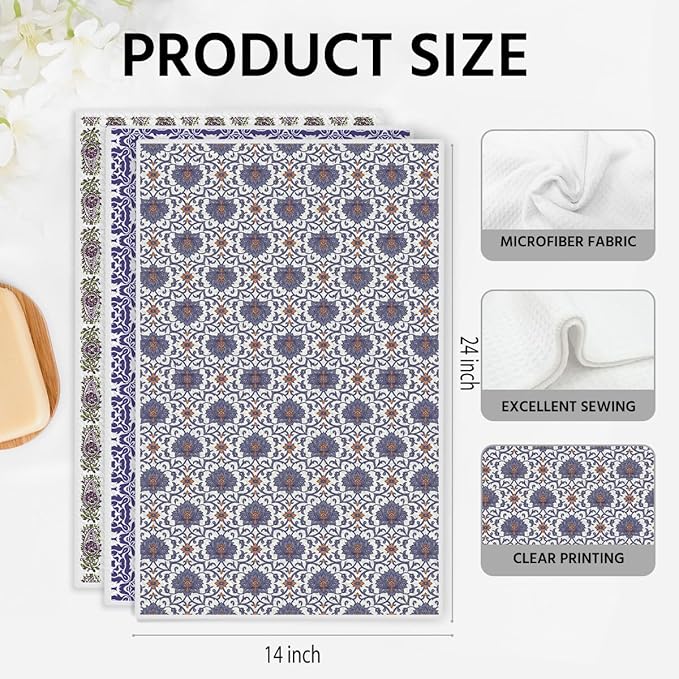 3 Pcs Retro Flower Kitchen Towels, Colorful Flower Soft Absorbent Hand Tea Towel, Microfiber Dish Cloths for Drying Dishes, Waffle Dish Towels for Kitchen Farmhouse Decor, Floral Gifts for Women Mom06