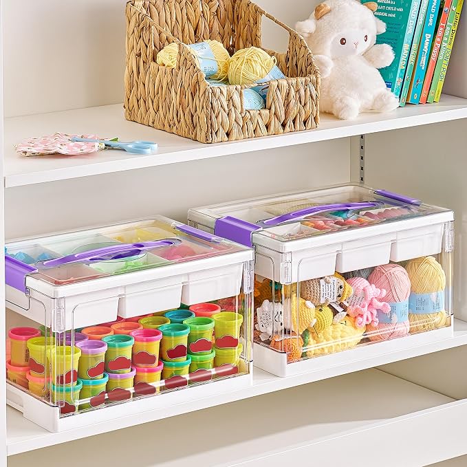 Vtopmart 24 QT Purple Clear Craft Organizer with Tray & Dividers, 1 Pack | Storage Box for Coloring Books, Modeling Clay, Molds and Art Supplies, Removable Tray for Craft Supplies Organization