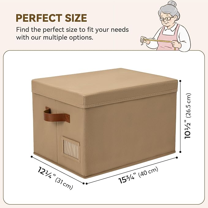 GRANNY SAYS Storage Bins with Lids, Decorative Storage Boxes with Lids | Storage Box with Dust Cover, Handles & Lable, Collapsible, Ideal for Closet Clothes Blanket Toys, Large, Brown, 3-Pack