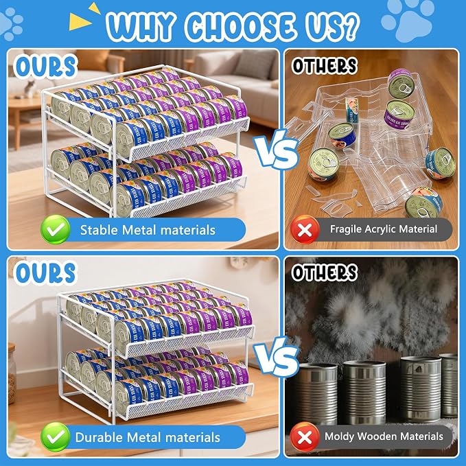 Cat Food Can Organizer 2-Tier Can Organizer for Pantry 56 Cans 3.5oz | White metal 2-tier cat food can organizer,Holds 56 cans 3.5oz,Adjustable pantry countertop storage for kitchen counter
