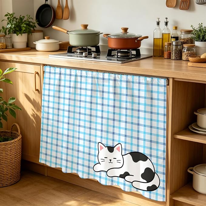 Cute Cat Cabinet Dishwasher Hidden Curtains, Privacy Closet Door Curtain, Blue Purple Checked Modern Pet Cats Rustic Adhesive Dust Proof Under Sink Skirt for Bathroom Kitchen 35"x35"