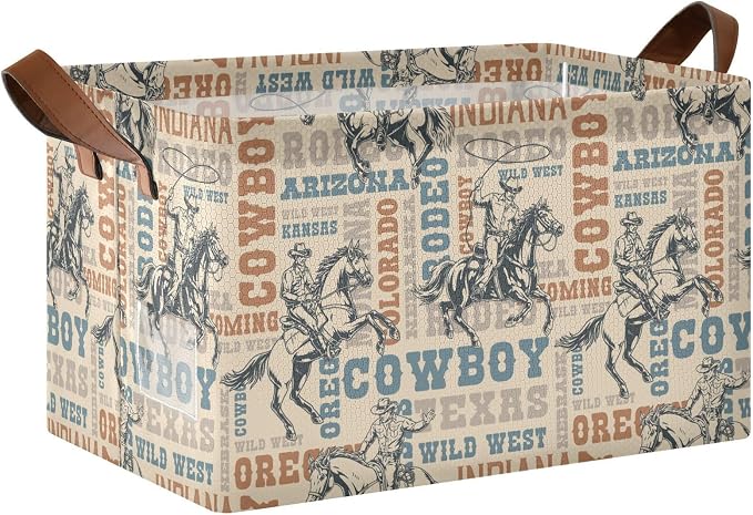 Western Cowboy Horses Retro Vintage 70s 80s Storage Bins for Shelves with Labels&Handles Fabric Organizer Bin Foldable Rectangle Storage Basket Boxes for Closet, Bathroom, Home, Living Room