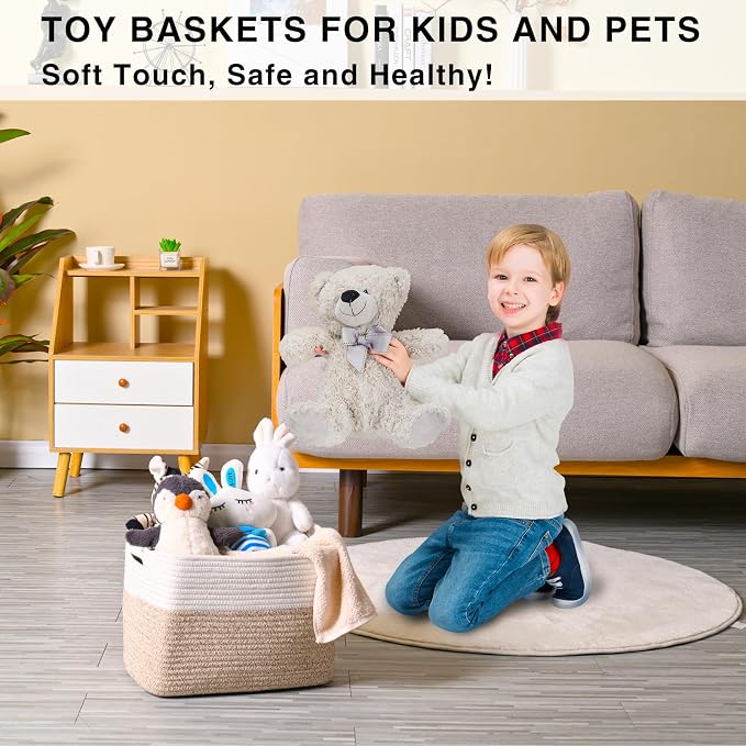 Storage Baskets for Organizing 14.8×11×9.5 Off White & Brown | Woven Storage Bins for Shelves, Toys, Books, Towels, Cotton Rope Basket for Living Room Bathroom Bedroom Nursery, 3 Packs