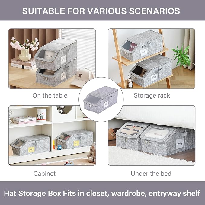 Furlide Hat Organizer for Baseball Caps, 2 Pack Stackable Storage Boxes | Protects 24-30 Caps From Dust and Pet Hair; Stackable Base, Clear Window, Front Opening and Handles Simplify Closet Storage.