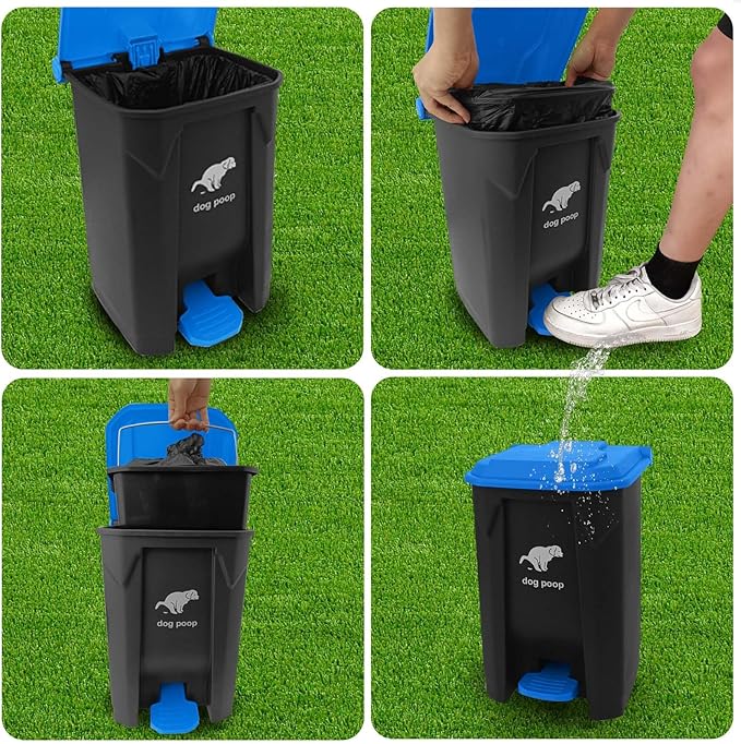 Dog Poop Trash Can Outside - 20L/5Gal Large Outdoor Trash Can with Lid Blue | utdoor Dog Poop Trash Can with 100 Bags, Pedal and Removable Inner Bin, Odor Control, Suitable for All Types of Dogs