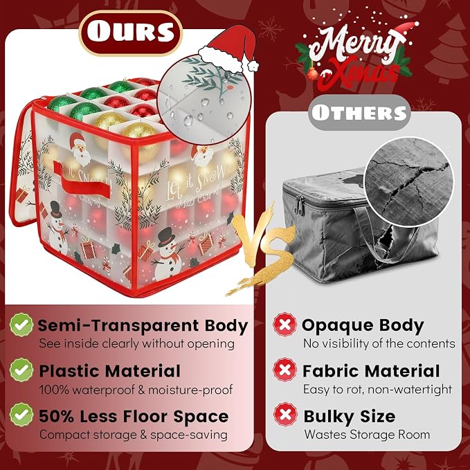 Christmas Ornament Storage Box, Christmas Ball Container with Dividers for 64 Balls, Space-Saving Holiday Decor Organizer Xmas Ornaments Box (Red)