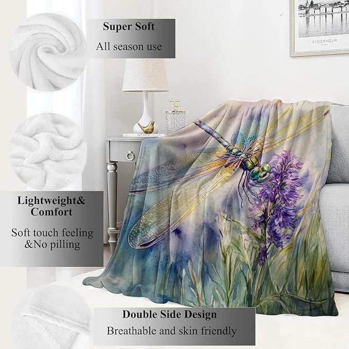 Dragonfly Blanket,50x60in,Cute Watercolor-Inspired Throw Blankets,Birthday Gifts for Kids Adult & Nature Lovers, Lightweight Soft Fleece Cozy,for Sofa Couch Bed Room Modern Decor