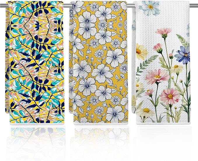 3 Pcs Retro Flower Kitchen Towels, Colorful Flower Soft Absorbent Hand Tea Towel, Microfiber Dish Cloths for Drying Dishes, Waffle Dish Towels for Kitchen Farmhouse Decor, Floral Gifts for Women Mom05
