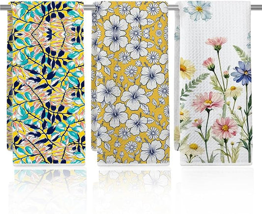 3 Pcs Retro Flower Kitchen Towels, Colorful Flower Soft Absorbent Hand Tea Towel, Microfiber Dish Cloths for Drying Dishes, Waffle Dish Towels for Kitchen Farmhouse Decor, Floral Gifts for Women Mom05