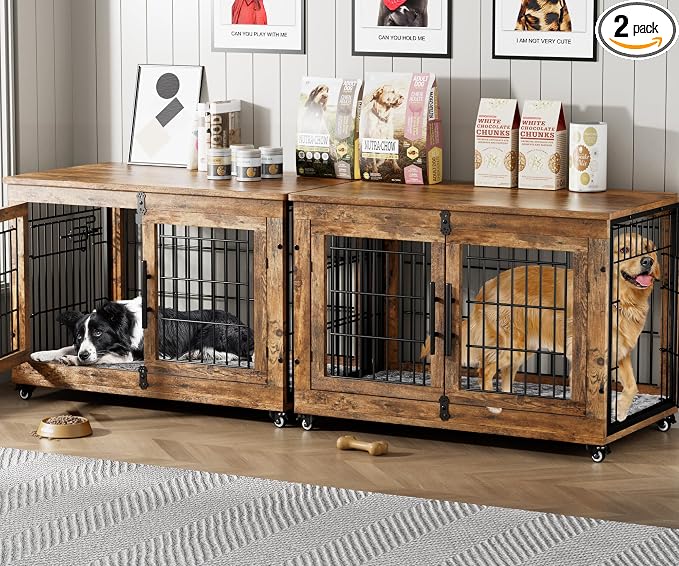 2 Pack Dog Crate Furniture, 38'' Heavy Duty Kennel with Cushion & Wheels | Rustic Brown, Double Doors, Wooden Dog Cage, Chew-Resistant, End Table, Decorative, 27"/32"/38"/44" Options, Indoor