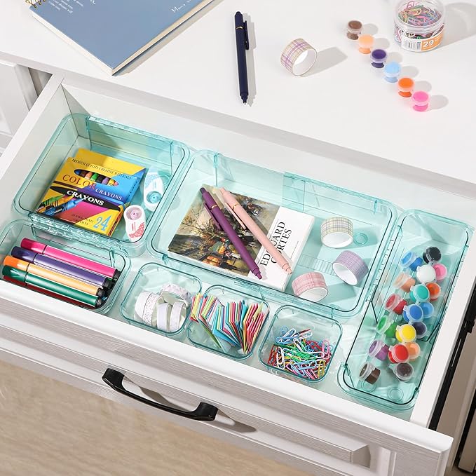 25 Pcs Clear Drawer Organizer, Adjustable Drawer Storage Box, 3-Size Desk Drawer Organizer, Acrylic Storage Bins for Makeup, Kitchen Utensils, Bedroom Dressers Tool Organizer for Gadgets, Blue